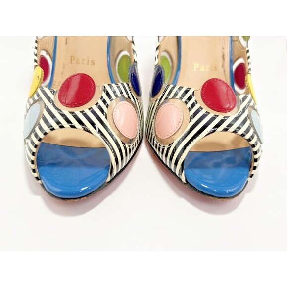 Christian Louboutin Lady Bug Heels Navy/White Stripes Bright Polka Dots Sz 35.5 - Picture 7 of 16